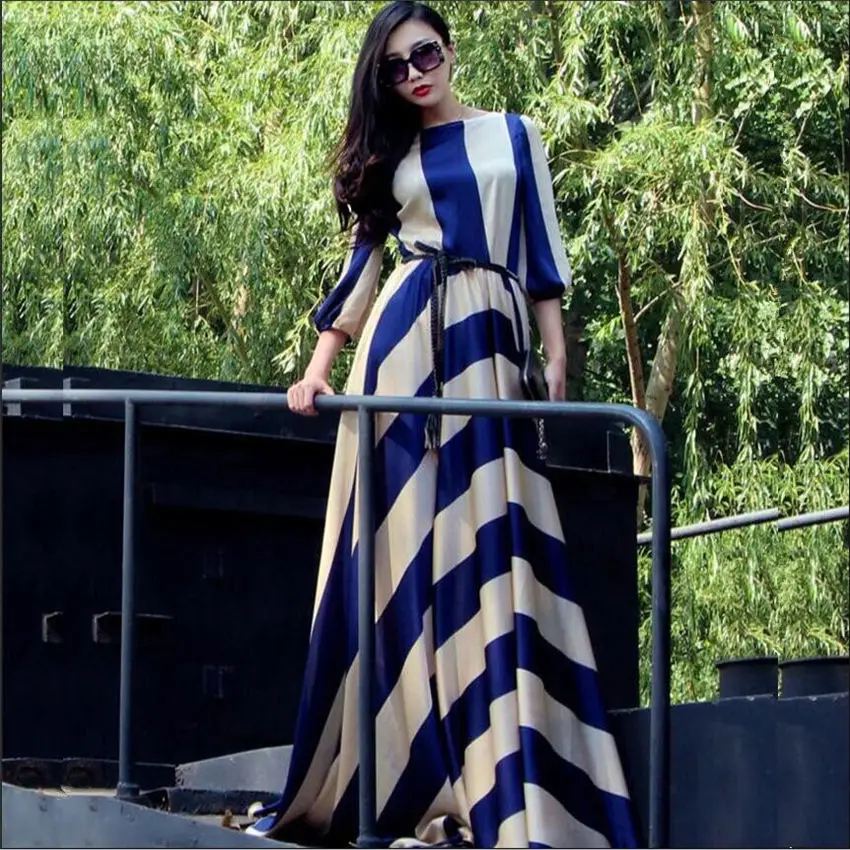 

2018 new European and American striped long chiffon dress holiday dress big tow dress large size women's dress