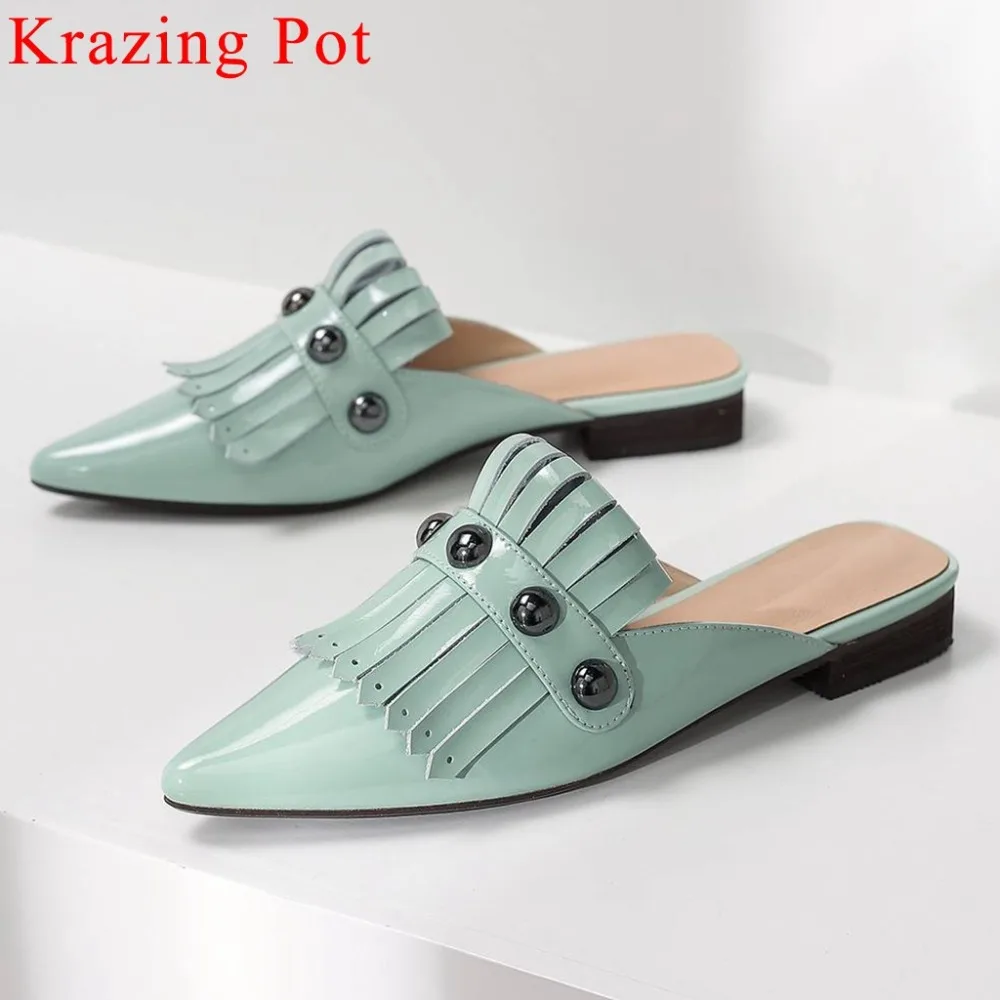 

Krazing Pot brand elegant lady slip on mules pointed toe pearls decoration slip on mules low heels young girls women pumps L5f2