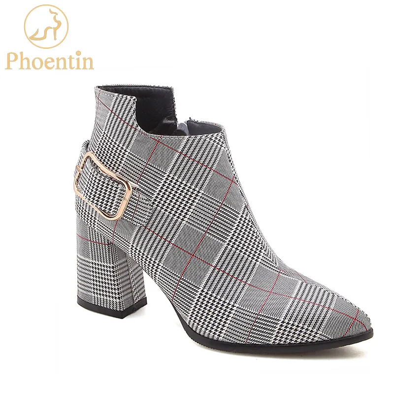 

Gingham ankle boots women zipper 2019 cotton fabric female boots with a heel 7.5cm plus size 45 46 47 woman shoes PHOENTIN PH134