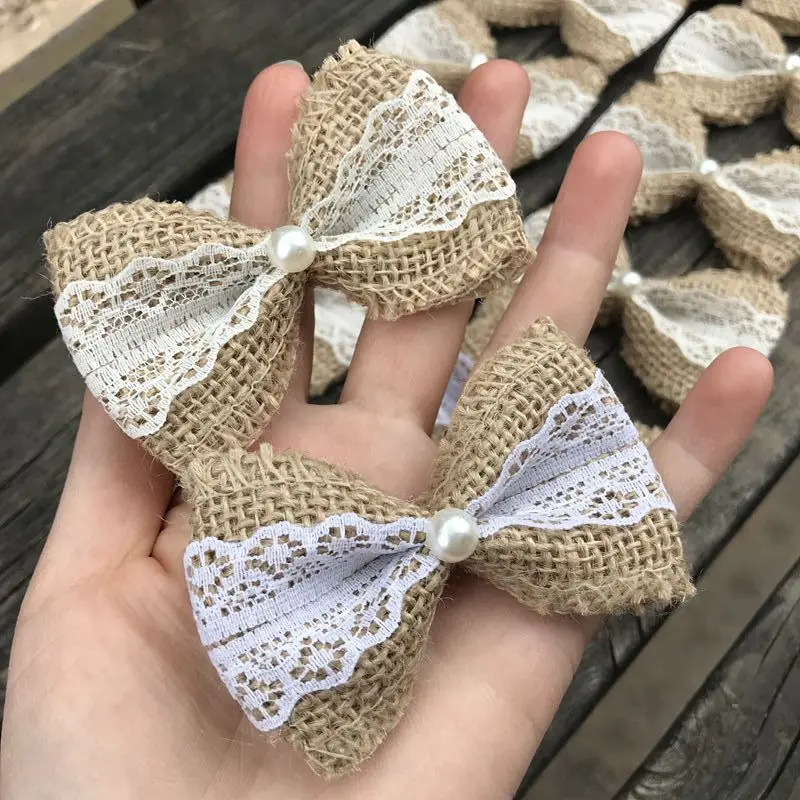 

ZIMA10pcs Wedding Decoration Jute Burlap Hessian Ribbon Bowknot Vintage lace jute Scrapbooking Bow Craft party favors christmas