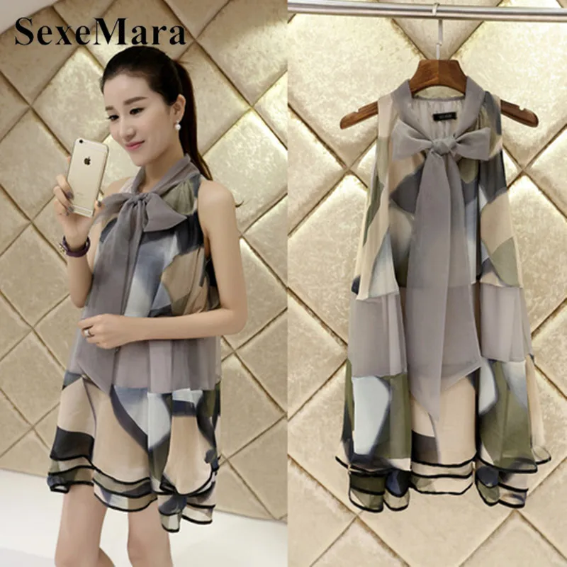 

Summer Dresses Women 2019 Korean Version Of The Organza Summer Bow Collar Sleeveless Chiffon Women's Loose Mini Dresses