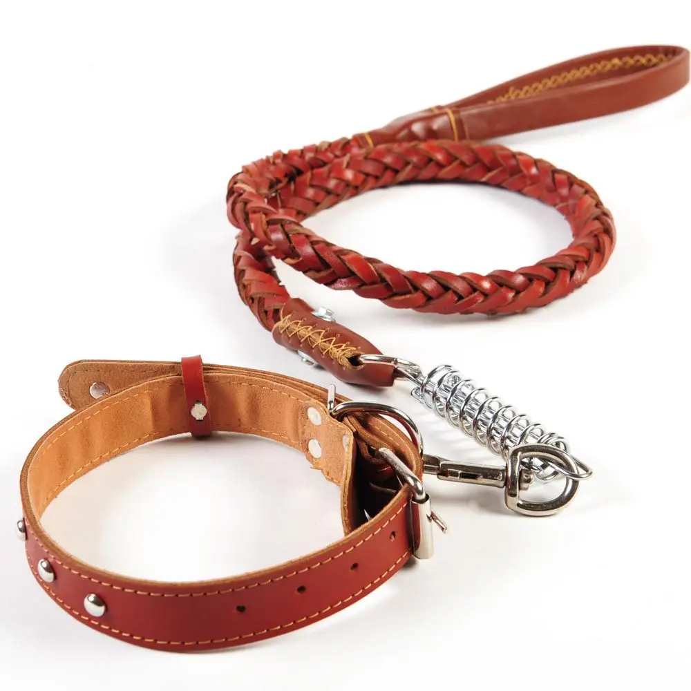 Dourable Genuine Leather extra large big dog chain Leashes Braided