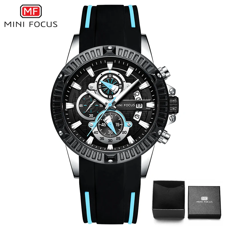 Mini Focus мужские модные часы, синие, розовые, золотые, с резиновым ремешком, 3D, 3 циферблата, водонепроницаемые, Топ бренд, роскошные спортивные мужские часы - Цвет: SILVER BLUE WITH BOX