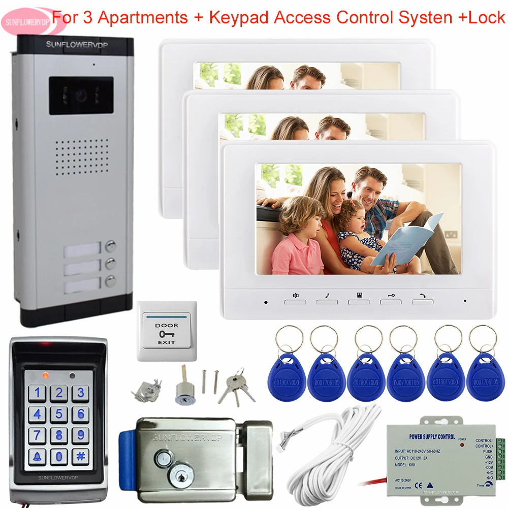 Video Intercom 3 Apartments KeypadAccess Control Video Intercom for a Private House 7inchs Video Intercom With Electric Lock Kit