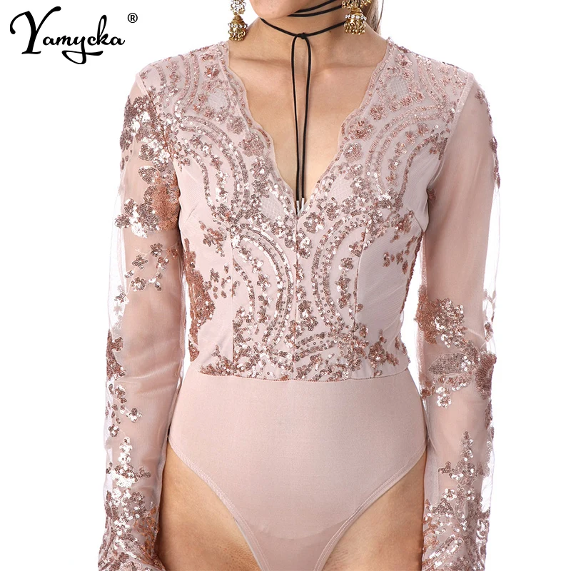

Sexy V Neck Sequin bodysuit women Summer beach Mesh long sleeve one piece bodycon Jumpsuit Night club Party Overalls body femme