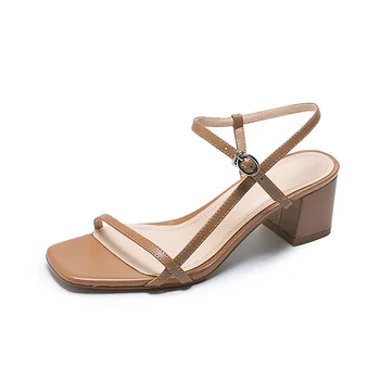

2019 summer new leather thick heel with buckle belt square head open toe wild sandals tide