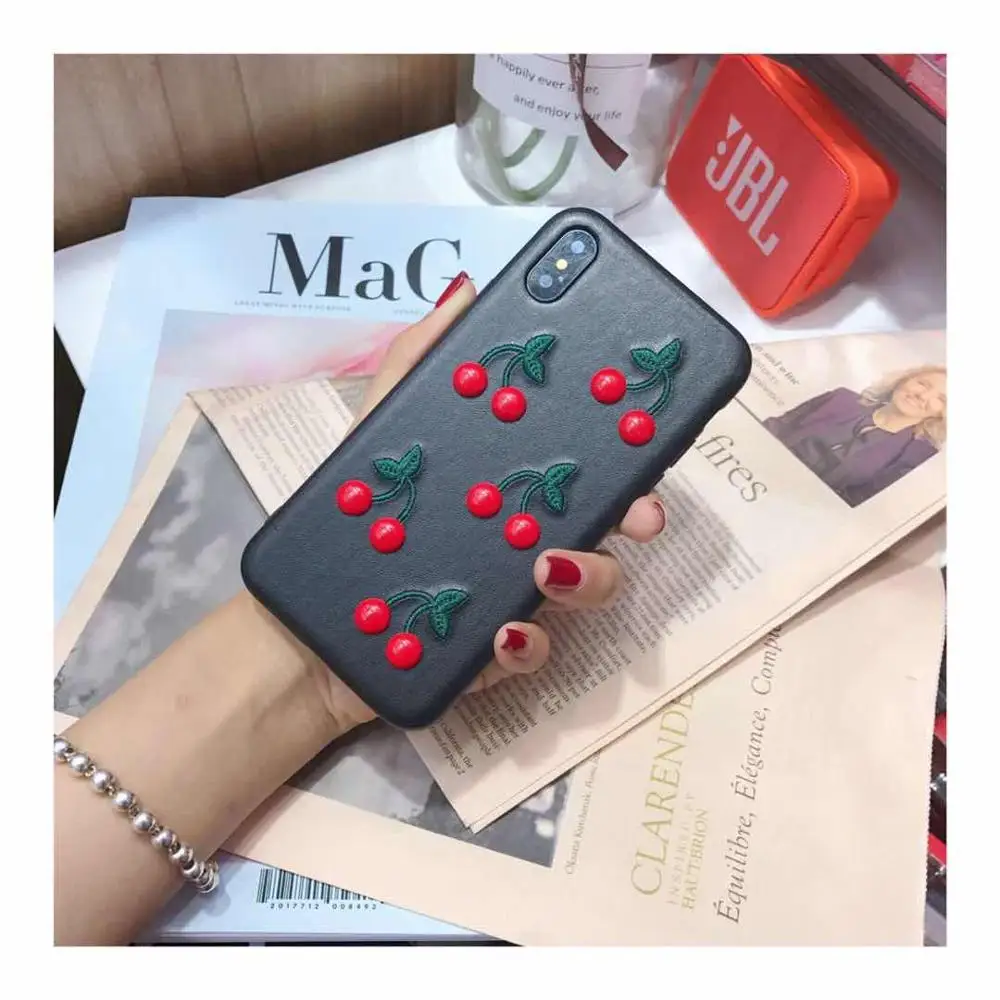 

VNSTRIP INS hot 3D Embroidery Lovely Fruit Cherry Phone Case for iPhone 78 78Plus X Cute Cherry Pattern Phone Cover Back Case
