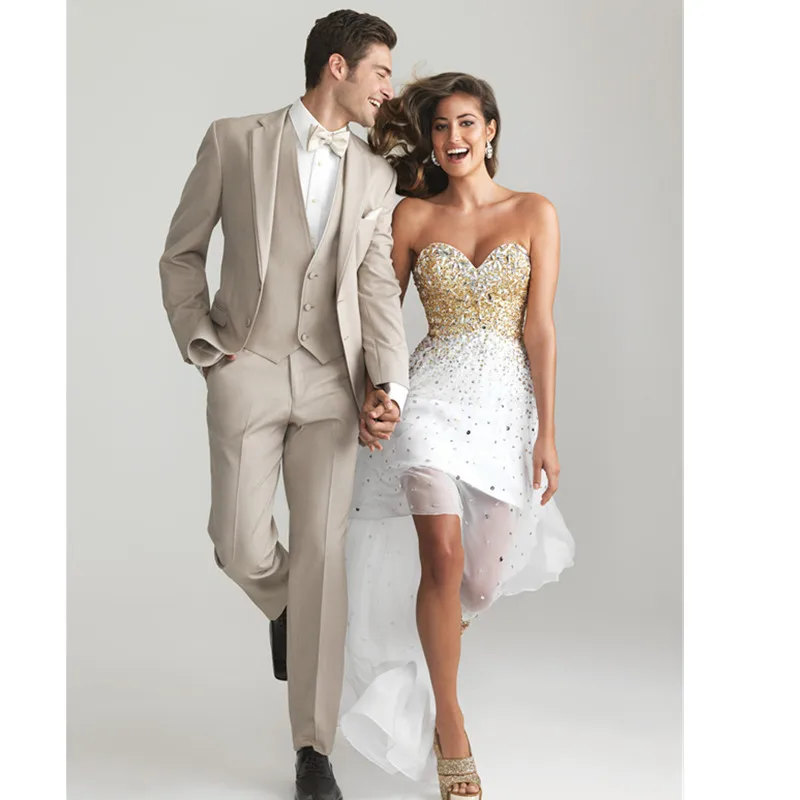 

Wedding Suits Design For Men custom made 3 Piece 4 Button cufflinks Men Beige Suit for grooms Personalized (Jacket+Pants+Vest)