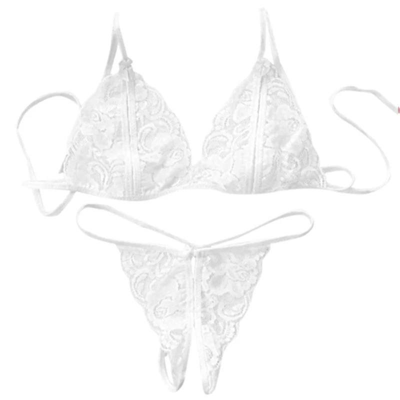 Womens Lingerie Lace Babydoll 2 Piece Bras Set With Bow Open Cup Crotchless Sexy Briefs