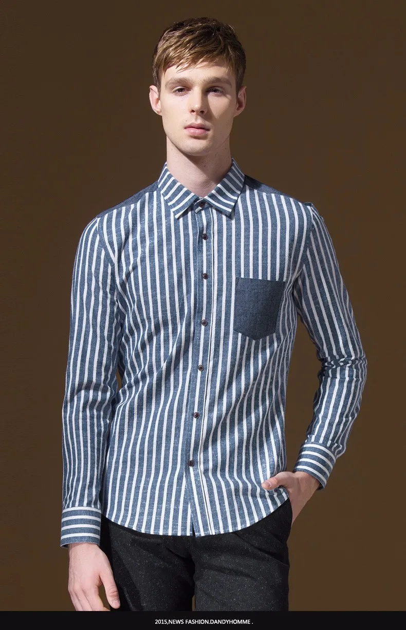 100% хлопок Мужская одежда Рубашки для мальчиков Slim Fit STRIPED мода длинный рукав Однобортный квадратный воротник Повседневное Для мужчин