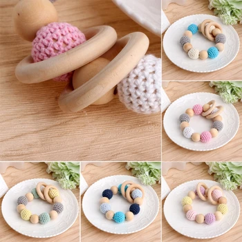 

Wood Wooden Baby Teether Bracelet Crochet Beads Teething Ring Play Chewing Toy