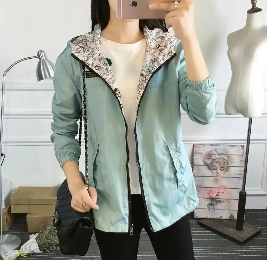 

2018 Autumn Women Bomber Basic Jacket Pocket Zipper Hooded Two Side Wear Cartoon Print Outwear Loose Coat