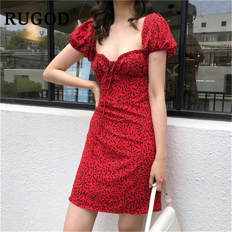 

RUGOD Vintage leopard printed women mini dress Elegant puff sleeve lace up female summer dresses Fashion A-line sexy dresses