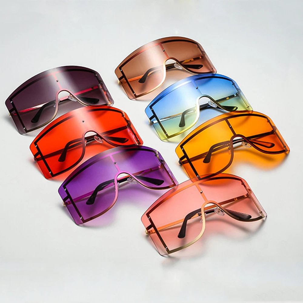 

2019 Luxury Brand Designer Red Rimless Fashion Women Oversized Blue Yellow Gradient Sunglasses Metal Female Sun Glasses Shades