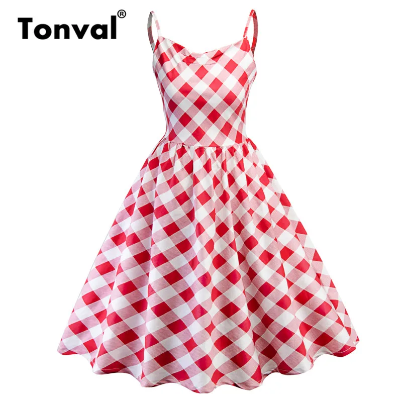 

Tonval Vintage Red Plaid Pleated Gingham Women Dress Spaghetti Strap Party 50s Retro Dress Summer Fit and Flare Swing Dresses
