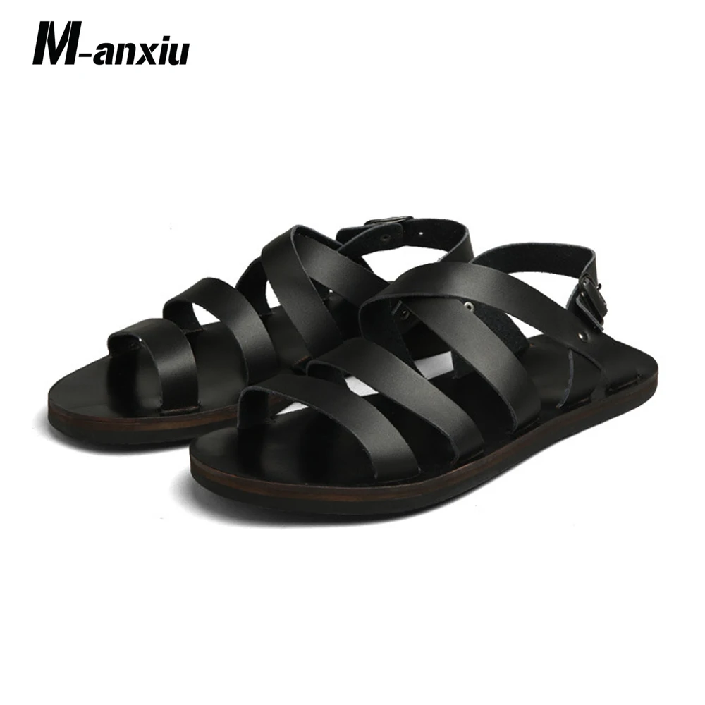 online M anxiu 2018 Novo Projeto do Verão Antiderrapante Fivela Correia Da Sandália Gladiador Couro Genuíno Homens sapatos de Borracha Plana Casuais Dropshipping