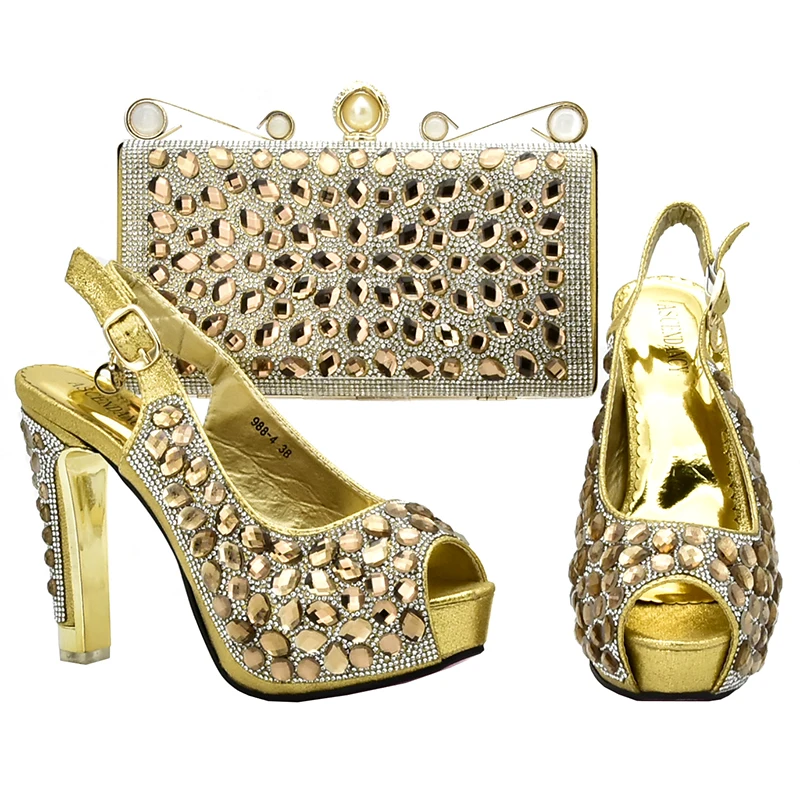 

2019 Summer New Coming Gold Color Nigerian Shoes and Bags To Match Shoes with Bag Set Matching Italian Shoe and Bag Set