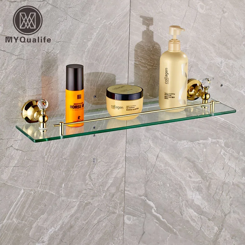 Golden & Glass Bathroom Shelf Wall Mounted Brass Commodity Holderin