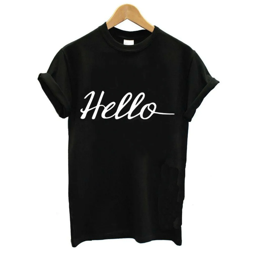 Женская футболка с принтом «Hello», хлопковая футболка с коротким рукавом, черная футболка с надписью, белые футболки, женская одежда больших