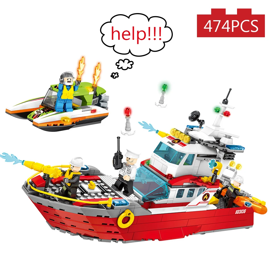 

474 PCS City Fire Boat Ship Model Firefighting Building Blocks Set With Figures DIY Kids Ideas Bricks Toys Compatible Legoingly