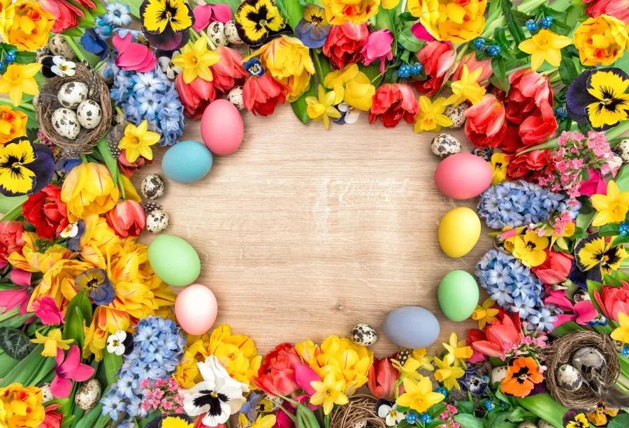 

Laeacco Photo Backgrounds Colorful Blossom Flower Hay Easter Eggs Wooden Board Child Portrait Photo Backdrops For Photo Studio