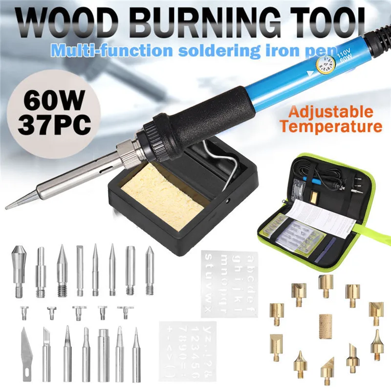 

37Pcs/Set Multifunctional 60W Wood Burning Pen Soldering Iron Kit Pyrography Craft Tool Woodburning Tips Electric Soldering Iron