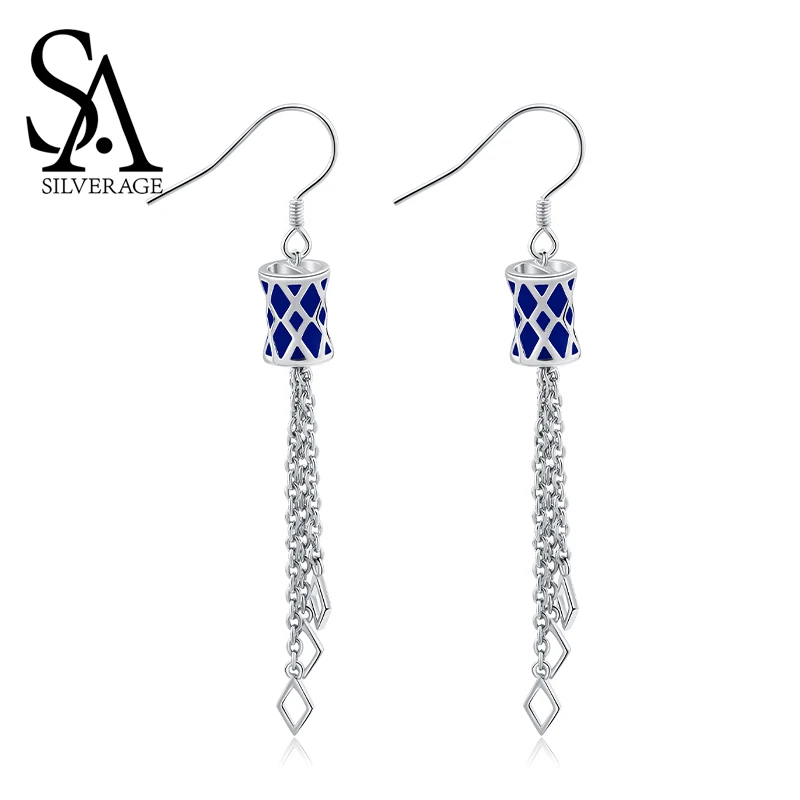 

SA SILVERAGE Blue Color Long Silver 925 Earrings Women Brincos 925 Sterling Silver Magic.X Drop Earrings for Women Fine Jewelry