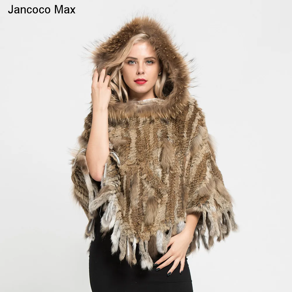 

Jancoco Max+ 2019 New Real Rabbit Knitted Fur Poncho Real Raccoon Fur Collar Hooded Capes Winter Shawls Pocket S7098