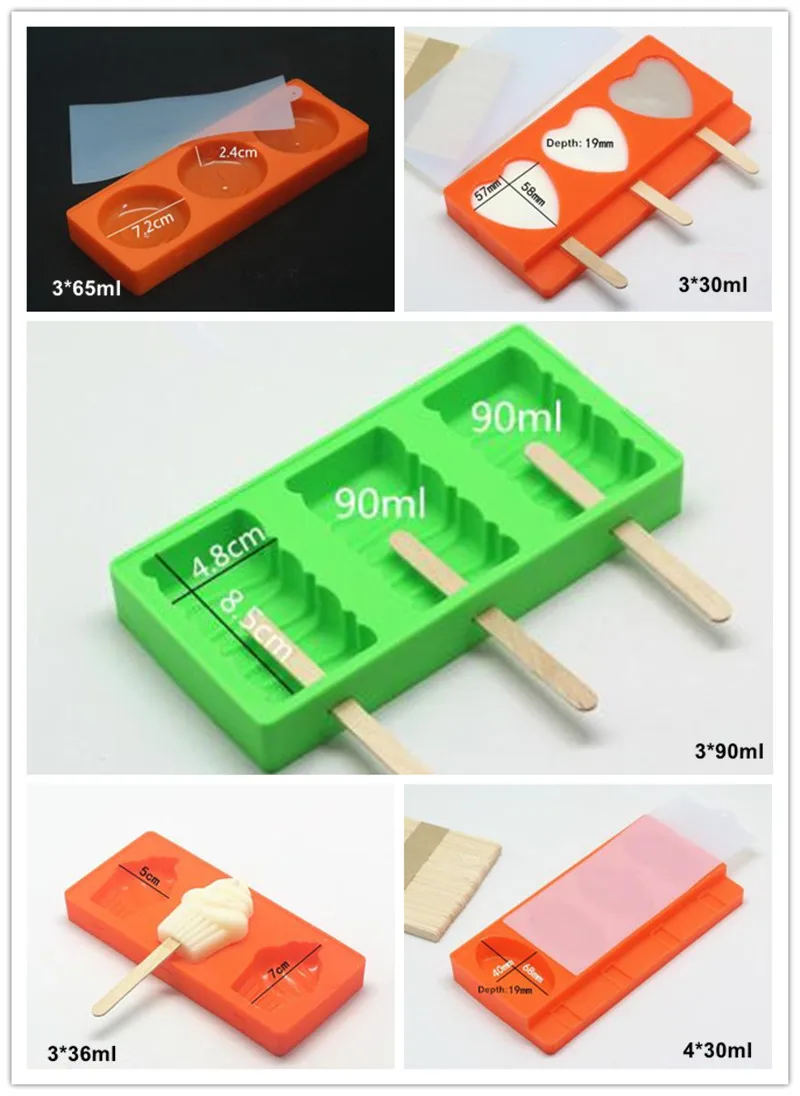  New Arrival Ice Cream Tools Silicone Ice Cream Mold  With Lid Ice Lattice 5 Shapes Color at Random Free 50 Wood Sticks 