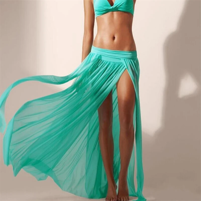 

2019 Plus one size long split beach cover up skirt wrap womens mesh bikini coverup ladies beachwear white/green/black wholesale