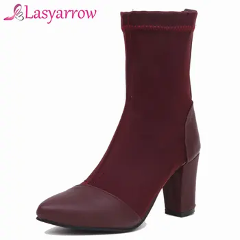 

Lasyarrow Elastic Sock Boots Solid Black Red Women's Shoes High Heels Stretch Half Boots Women Plus Size 33-45 Ladies Shoes Boot