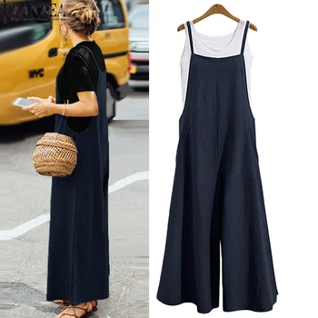 

ZANZEA 2020 New Summer Women Casual Solid Strap Wide Leg Pants Pockets Romper Dungaree Bib Overalls Loose Cotton Linen Jumpsuits
