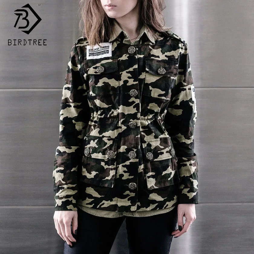 

Jacket women Autumn jacket military army green jackets embroidery Epaulet drawstring adjustable Outwear coat C55301