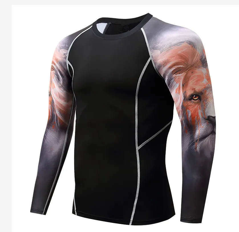 

p Men's Compressed 3D Lion Head Long Sleeve Rashguard T-Shirt Men's Bodybuilding Tight T-Shirt MMA Crossfit Fitness Top