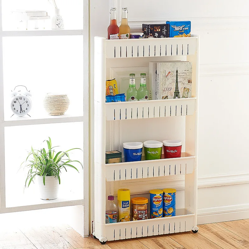 Movable Plastic Interspace Storage Rack Refrigerator Space Rack with Roller Shelves Kitchen Bathroom Strollers Interval 4-layer Movable Plastic Interspace Storage Rack Refrigerator Space Rack with Roller Shelves Kitchen Bathroom Strollers Interval 4-layer