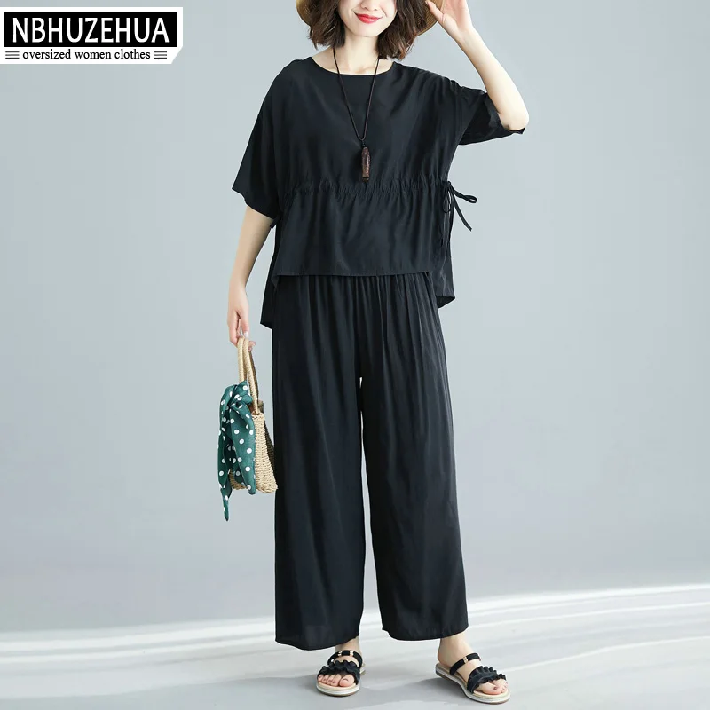 

NBHUZEHUA Summer Two Piece Set Women Cotton Linen Short Sleeve and Wide Leg Pants Plus Size 2 Piece Outfits 2019 19-D241