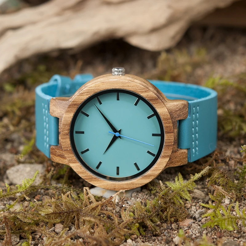 BOBO BIRD Lovers Watch Men Elegant Turquoise Blue Leather Watches Women Stylish Quartz Wristwratch reloj mujer C-C28