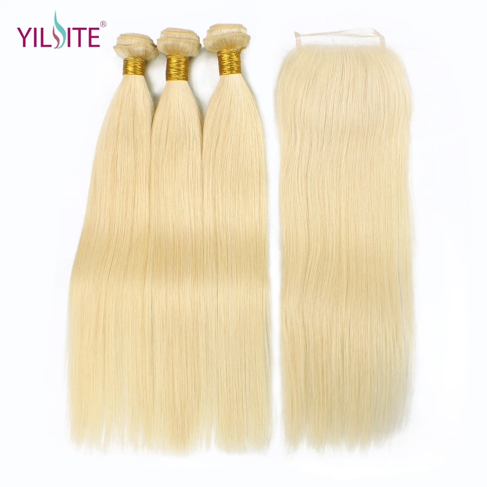 

YILITE Straight 613 Blonde Non-Remy Human Hair Bundles with Closure 3 Bundles With 4x4 Lace Closure For Hair Salon