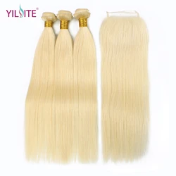 YILITE Straight 613 Blonde Non-Remy Human Hair Bundles with Closure 3 Bundles With 4x4 Lace Closure For Hair Salon YILITE Straight 613 Blonde Non-Remy Human Hair Bundles with Closure 3 Bundles With 4x4 Lace Closure For Hair Salon
