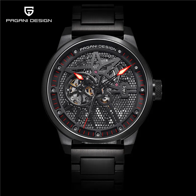 PAGANI Дизайн Топ бренд класса люкс для мужчин полный сталь механические часы Спорт Скелет Автоматический самоветер мужские часы montre homme - Цвет: black red
