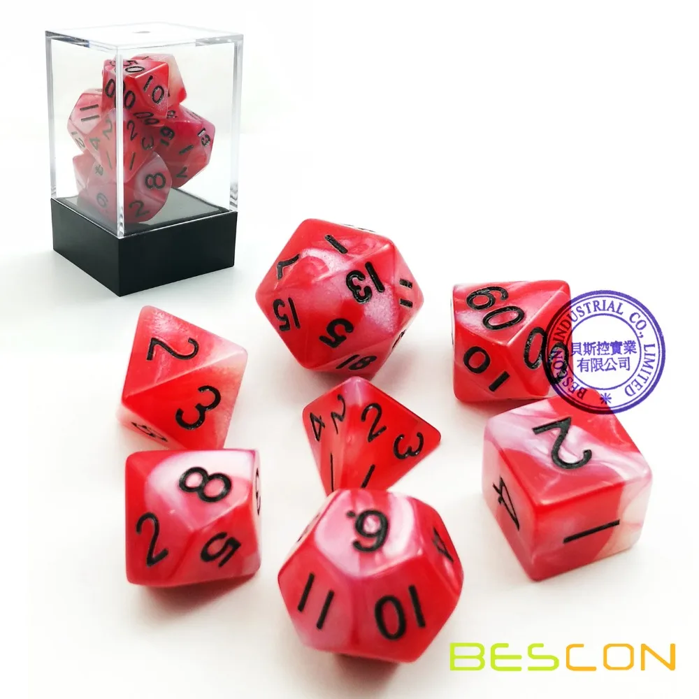 Gemini Two Tone Swirled Red RPG Dice Set of 7 in Brick Box Package