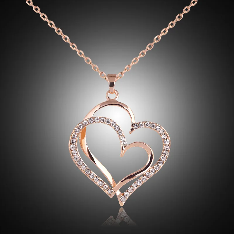Chic Rose gold /Silver Plated Necklace Chain Women Pendant Jewelry Double Heart 