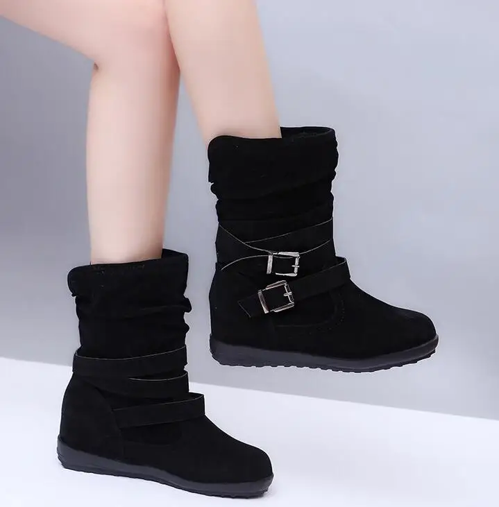 Женские ботинки на плоской платформе теплые из хлопка с пряжкой большой размер 34
