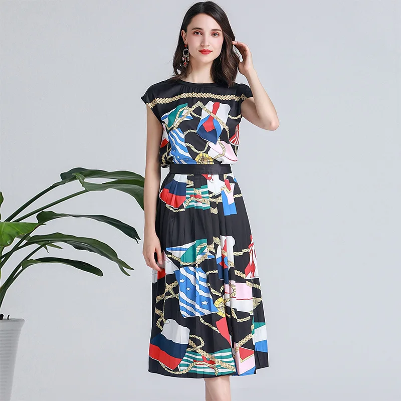 Fashion Print Casual Elegante tweedelige Set 2019 Zomer Nieuwe Ronde Hals Korte Mouwen Print T-Shirt + Geplooide Midi rok Set e12 Fashion Print Casual Elegante tweedelige Set 2019 Zomer Nieuwe Ronde Hals Korte Mouwen Print T-Shirt + Geplooide Midi rok Set e12