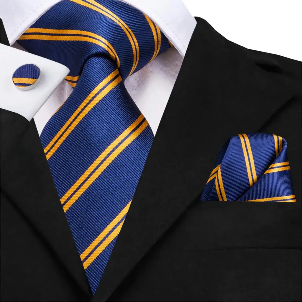 SN-3136 New Gold Blue Striped Tie Silk Woven Men Tie Necktie Hanky Cufflinks Set Luxury Men