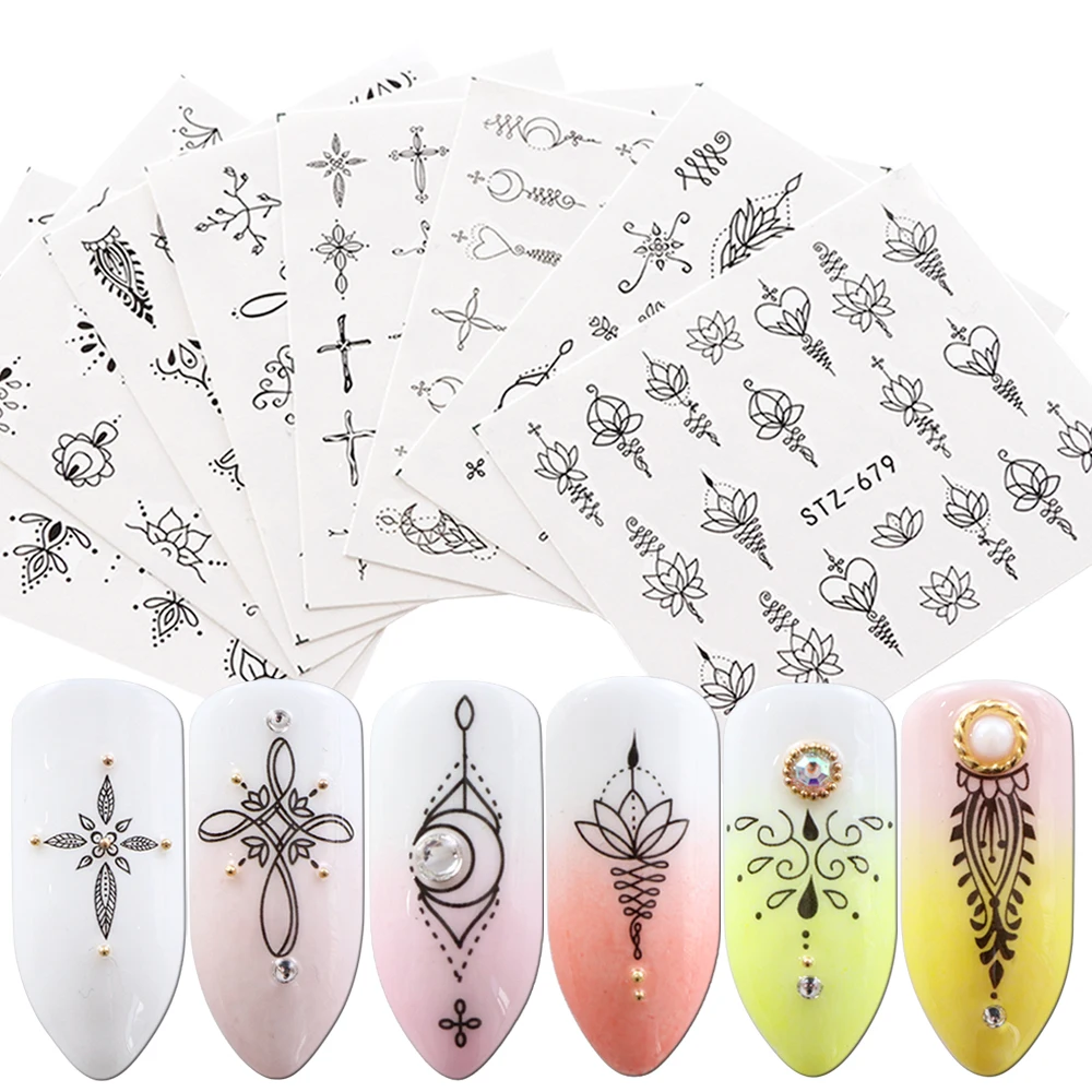 8 шт черные наклейки для ногтей, Водные Наклейки, Ретро цветок, ожерелье, луна, слайдер для украшения ногтей, обертывания, советы, маникюр, JISTZ675-682
