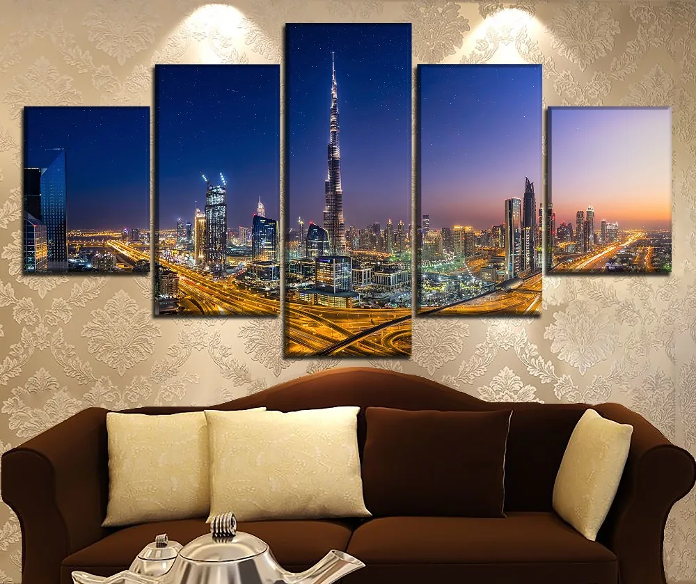 Настенные художественные картины печатные плакаты рамки 5 шт. Burj Khalifa Дубай город светящийся ночной холст картины Домашний Декор Гостиная