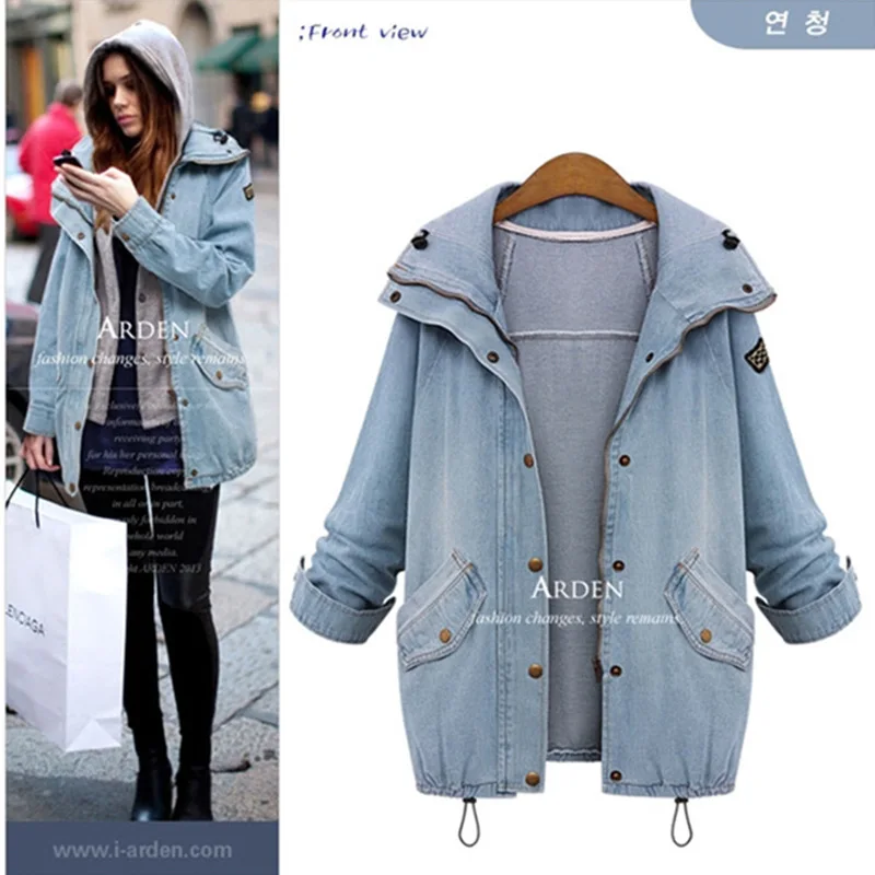 Hot výprodej 2016 podzimní ženy neformální dvoudílný Hoodied Jean Coat Plus velikost Silný větrník Outwear Coat A82180