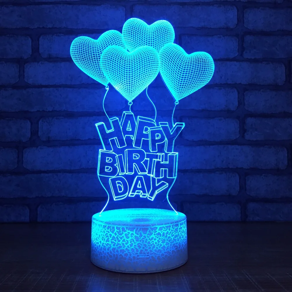 Счастливый Birhtday сердце шар Форма 3D светодиодный ночник акриловые оптический 3D Иллюзия стол настольные лампы для детей подарок