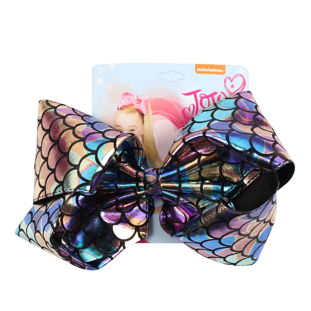 

8" Mermaid Hair Bows With Clips For Kids Girls Boutique Printed Metallic Leather Ribbon Bows Hairgrips Children Hair Accessories